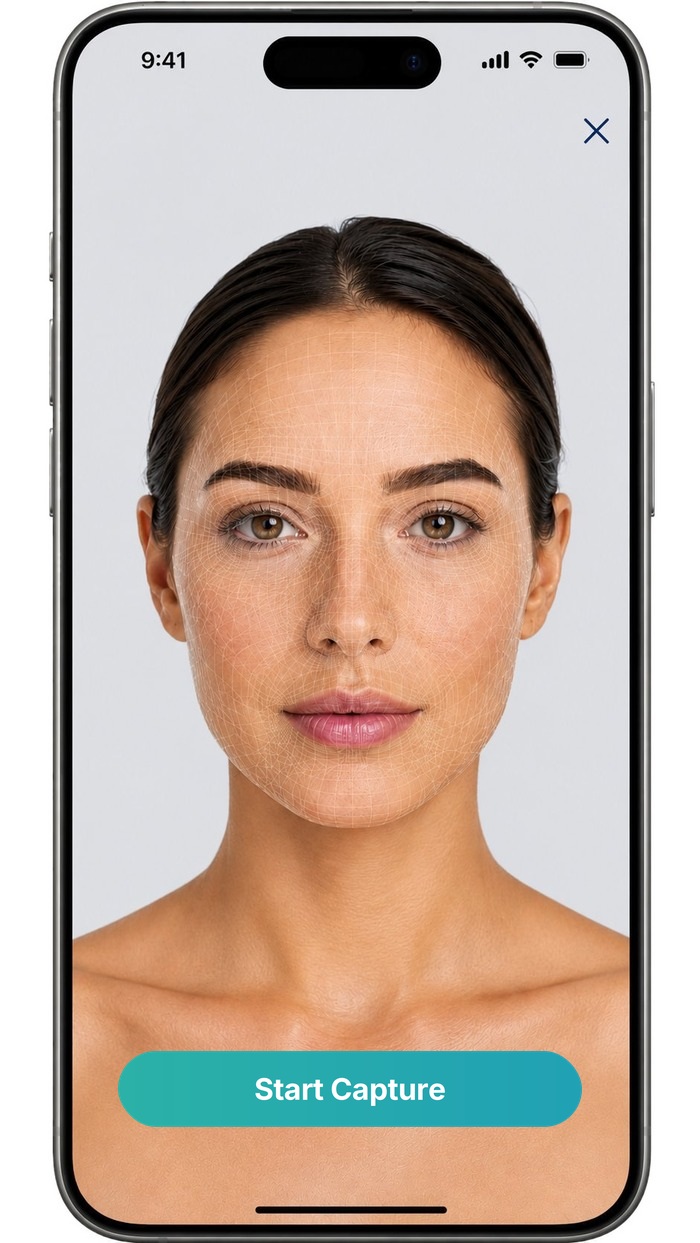 AVA scanning app on smartphone showing 3D facial mesh overlay